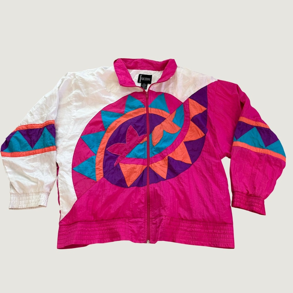 Indications Womens Vintage Windbreaker Jacket Pink Geometric Abstract Size L